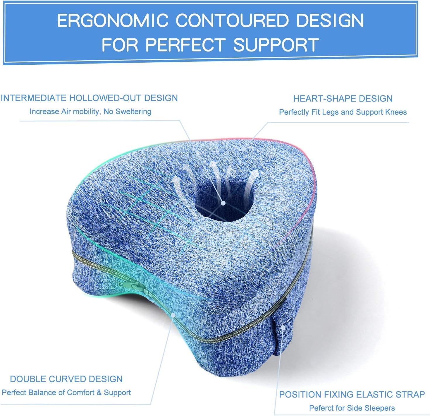 Leg Pillow | Ergonomic Side Sleeping Pillows | Memory Foam Knee Pillow with Strap for Side Sleeper | Leg Support Cushion with Removable and Washable Cover